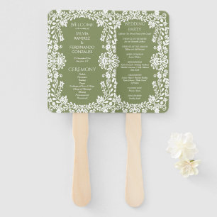 Sage green white Talavera Mexican wedding program Hand Fan