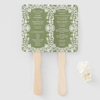 Sage green white Talavera Mexican wedding program Hand Fan