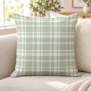 Sage Green White Tartan Plaid Pattern Cushion
