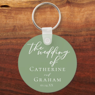 Sage Green White Typography Custom Wedding Key Ring