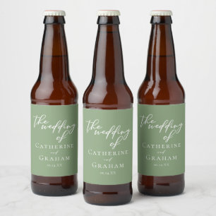 Sage Green White Typography Minimalist Wedding Beer Bottle Label
