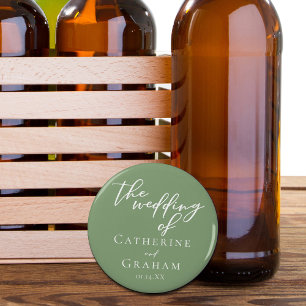 Sage Green White Typography Minimalist Wedding Bottle Opener