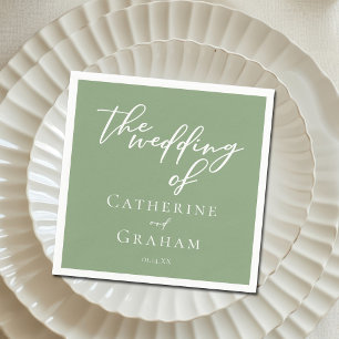 Sage Green White Typography Minimalist Wedding Napkin
