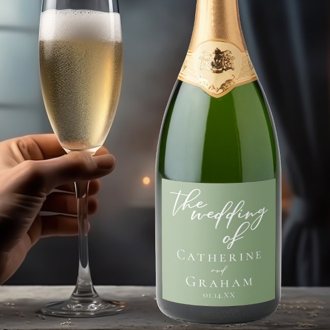 Sage Green White Typography Minimalist Wedding Sparkling Wine Label (Creator Uploaded)