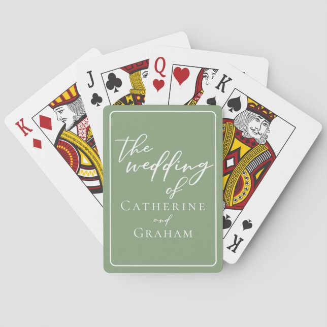Sage Green White Typography Personalised Wedding Playing Cards (Back)