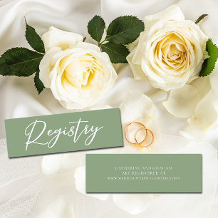 Sage Green White Typography Wedding Registry Mini Business Card