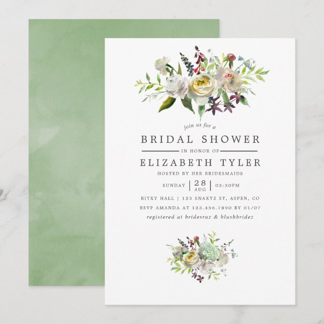 Sage Green & White Watercolor Floral Bridal Shower Invitation (Front/Back)