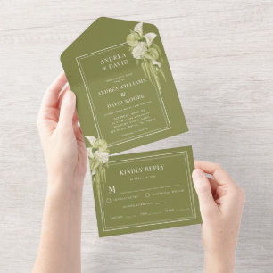 Sage Green White Watercolor Floral Vibrant Wedding All In One Invitation