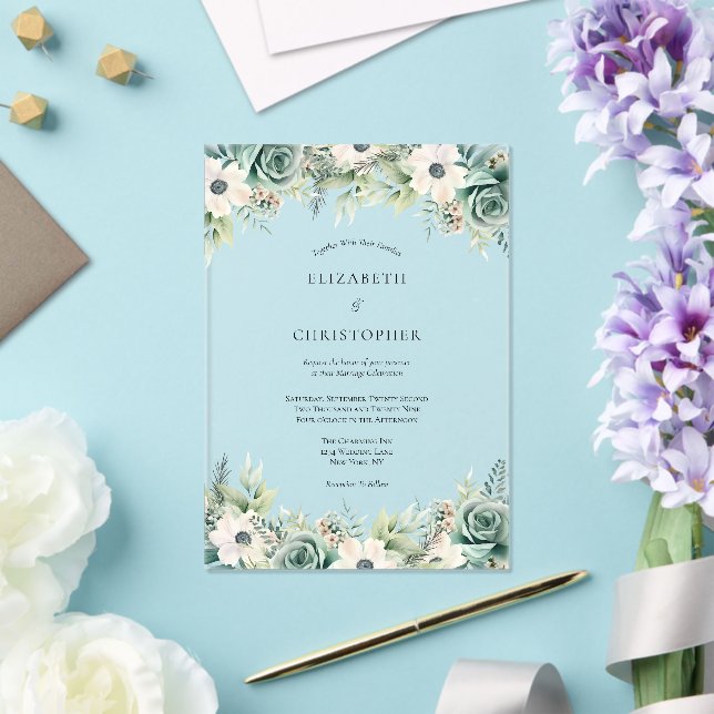 Sage Green White Watercolor Floral Wedding Acrylic Invitations (Insitu (Wedding))
