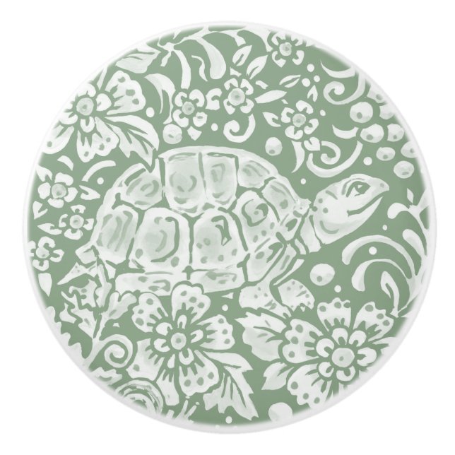 Sage Green White Woodland Animal Turtle Pattern  Ceramic Knob (Front)