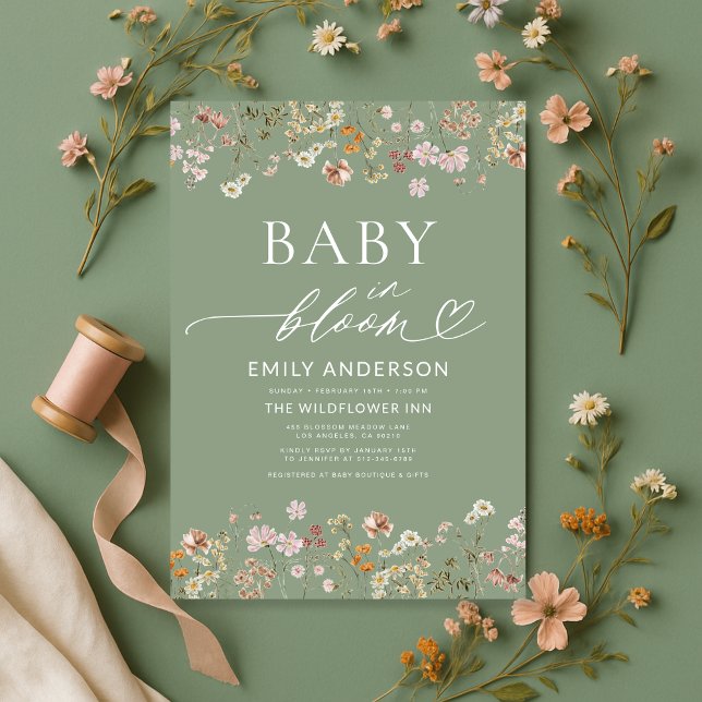 Sage Green Wildflower Baby in Bloom Baby Shower Invitation (Creator Uploaded)