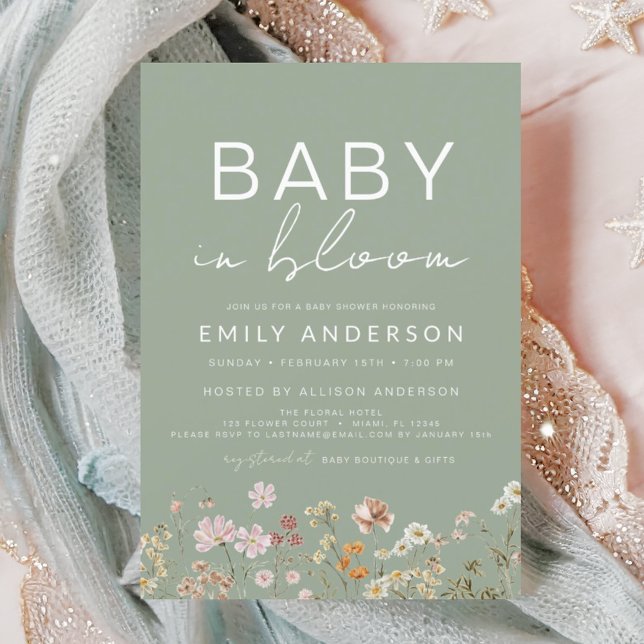 Sage Green Wildflower Baby in Bloom Baby Shower Invitation (Creator Uploaded)