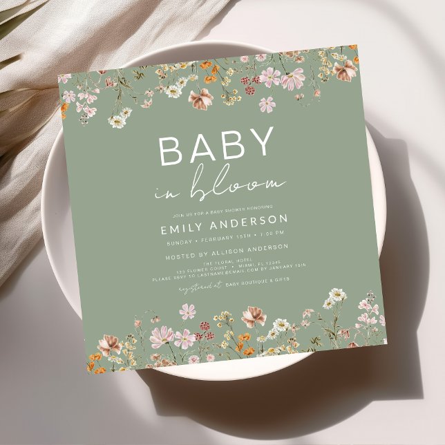 Sage Green Wildflower Baby in Bloom Baby Shower Invitation (Creator Uploaded)