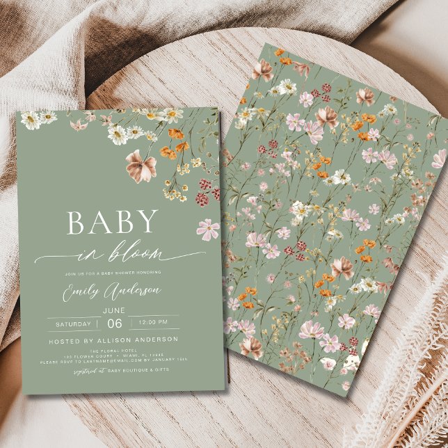 Sage Green Wildflower Baby in Bloom Baby Shower Invitation (Creator Uploaded)