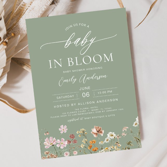 Sage Green Wildflower Baby in Bloom Baby Shower Invitation (Creator Uploaded)