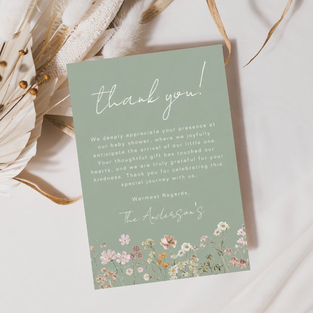 Sage Green Wildflower Baby in Bloom Baby Shower Thank You Card (Creator Uploaded)