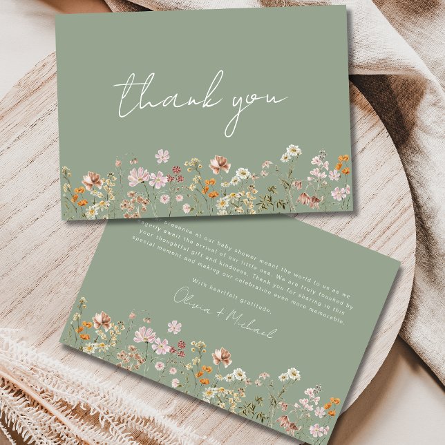 Sage Green Wildflower Baby in Bloom Baby Shower  Thank You Card (Creator Uploaded)