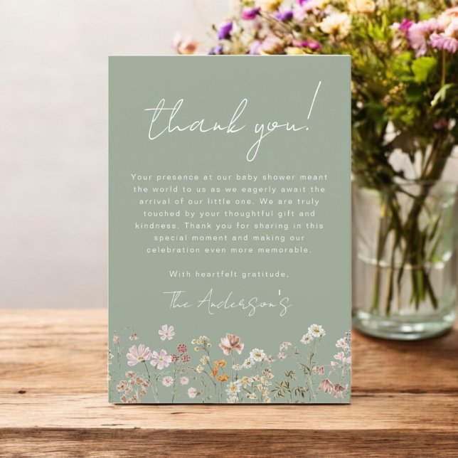 Sage Green Wildflower Baby in Bloom Baby Shower Thank You Card (Creator Uploaded)