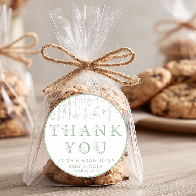Sage Green Wildflower Baby Shower Thank You  Classic Round Sticker (Sage Green Wildflower Thank You Sticker)