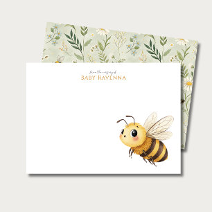 Sage Green Wildflower Bee Custom Name Nursery Card