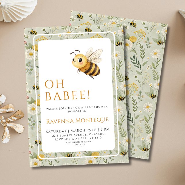 Sage Green Wildflower Bee Custom Oh Babee Shower Invitation (Creator Uploaded)