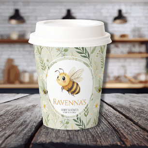 Sage Green Wildflower Bee Personalised Baby Shower Paper Cups