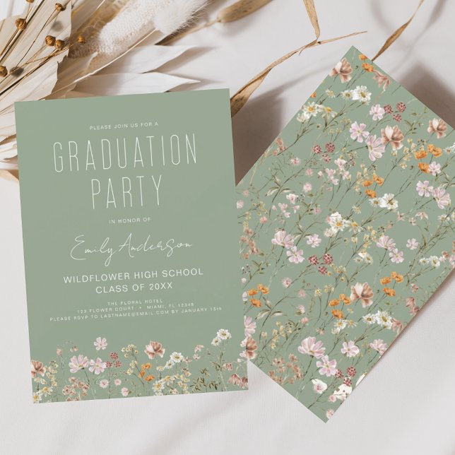 Sage Green Wildflower Bloom Graduation Party Boho Invitation (Creator Uploaded)