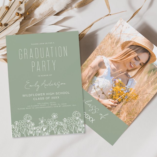 Sage Green Wildflower Bloom Graduation Party Boho Invitation (Creator Uploaded)