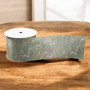 Sage Green Wildflower Boho Bloom Garden Boho Satin Ribbon