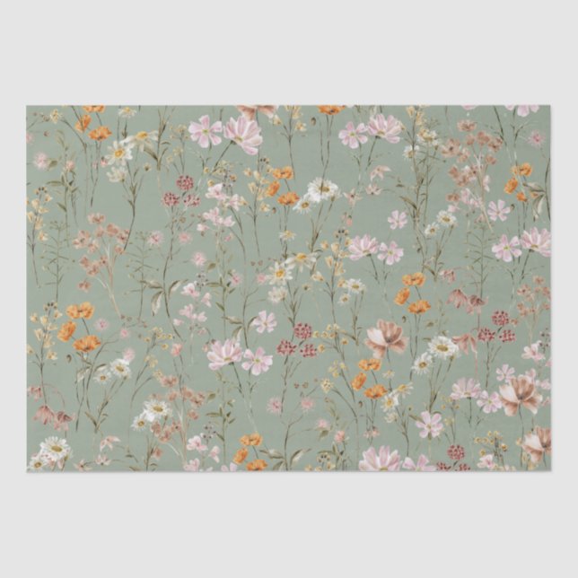 Sage Green Wildflower Boho Bloom Garden Boho Tissue Paper (Front)