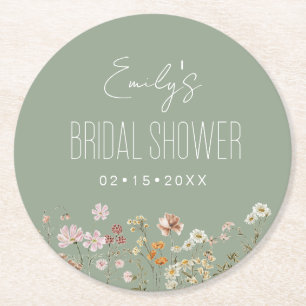 Sage Green Wildflower Boho Bridal Shower Garden Round Paper Coaster