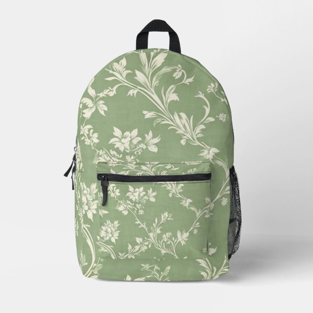 Sage Green Wildflower Boho Elegant Spring Floral Printed Backpack (Front)