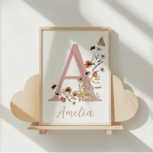 Sage Green Wildflower Boho Nursery Name Monogram  Poster