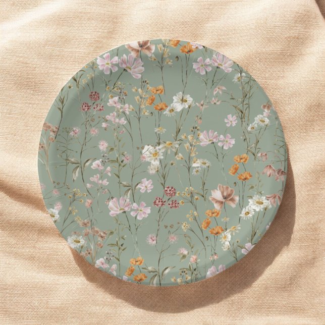 Sage Green Wildflower Boho Wedding In Bloom Garden Paper Plate (Creator Uploaded)