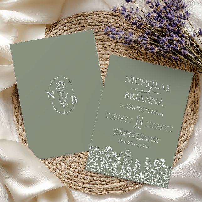 Sage Green Wildflower Boho Wedding Modern Monogram Invitation (Creator Uploaded)