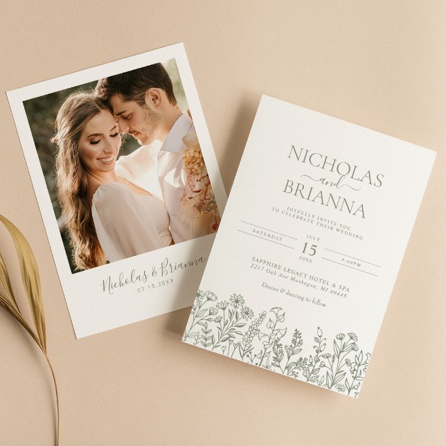 Sage Green Wildflower Boho Wedding Modern Photo Invitation (Creator Uploaded)