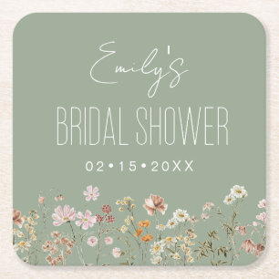 Sage Green Wildflower Bridal Shower Garden Square Paper Coaster