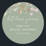 Sage Green Wildflower Bridal Shower Let Love Grow Classic Round Sticker<br><div class="desc">Cultivate a blooming atmosphere at your bridal shower with our Wildflower Let Love Grow Sticker. This charming sticker features a delightful wildflower design, symbolising the growth of love. Perfect for adding a touch of natural beauty to invitations, favours, or decor, the sticker carries a whimsical and heartfelt sentiment. The "Let...</div>