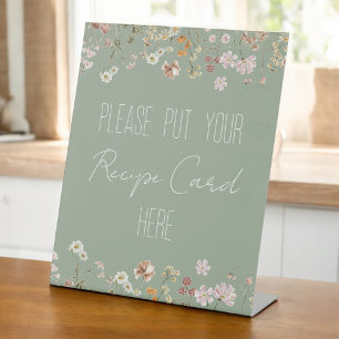 Sage Green Wildflower Bridal Shower Recipe Card Pedestal Sign