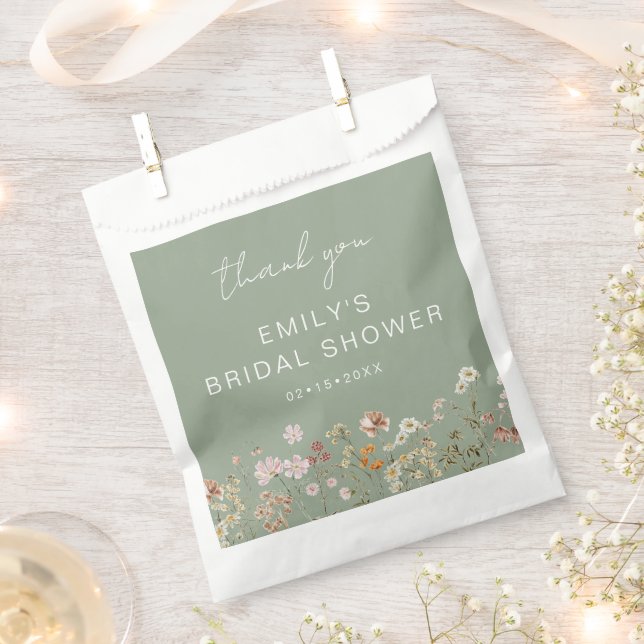 Sage Green Wildflower Bridal Shower Thank You Favour Bags (Clipped)