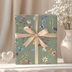 Sage Green Wildflower & Butterfly Boho Summer Wrapping Paper