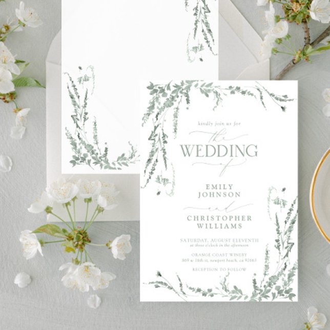 Sage Green Wildflower Calligraphy Wedding Invitation (Creator Uploaded)