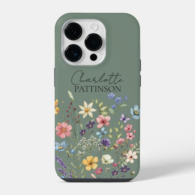 Sage Green Wildflower Custom Name Monogram  iPhone Case (Back)