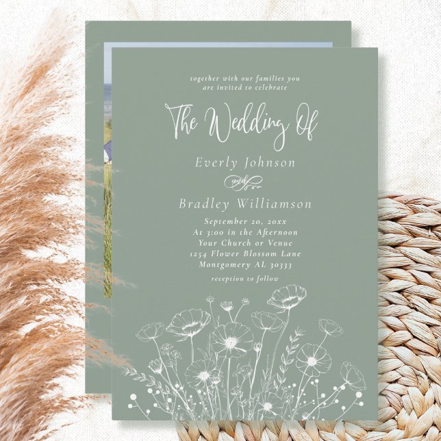 Sage Green Wildflower Elegant QR Code Wedding  Invitation (Creator Uploaded)