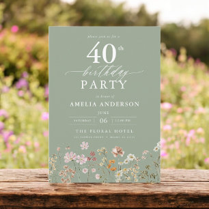 Sage Green Wildflower Floral 40th Birthday Invitation