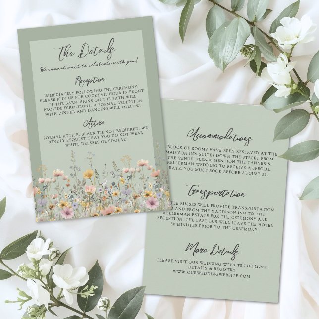Sage Green Wildflower Floral Wedding Details Enclosure Card (Sage Green Wildflower Floral Wedding Details Enclosure Card)
