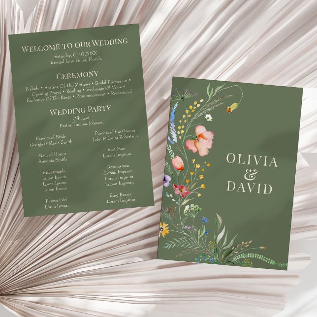 Sage Green Wildflower Meadow Wedding Program Invitation (Sage Green Wildflower Meadow Wedding Program on a sunny neutral dry palm leaf.)
