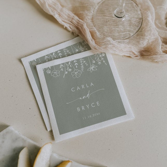 Sage Green Wildflower Monogram Wedding Napkins (Creator Uploaded)