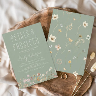 Sage Green Wildflower Petals & Prosecco Bridal Invitation