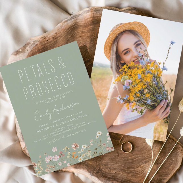 Sage Green Wildflower Petals & Prosecco Photo Invitation (Creator Uploaded)